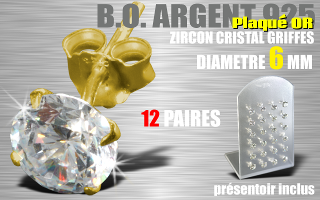 12 paires de boucle d oreille argent plaque Or - zircon rond cristal griffe - diametre 6 mm - livre avec presentoir