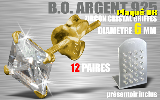 12 paires de boucle d oreille argent plaque Or - zircon carre cristal griffe - diametre 6 mm - livre avec presentoir