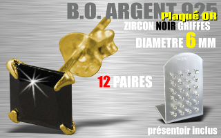 12 paires de boucle d oreille argent plaque Or - zircon carre noir griffe - diametre 6 mm - livre avec presentoir