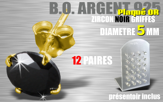 12 paires de boucle d oreille argent plaque Or - zircon rond noir griffe - diametre 5 mm - livre avec presentoir