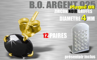 12 paires de boucle d oreille argent plaque Or - zircon rond noir griffe - diametre 4 mm - livre avec presentoir