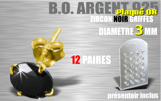 12 paires de boucle d oreille argent plaque Or - zircon rond noir griffe - diametre 3 mm - livre avec presentoir