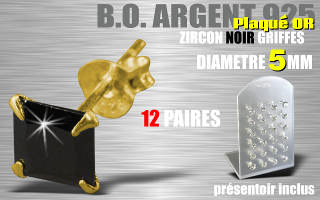 12 paires de boucle d oreille argent plaque Or - zircon carre noir griffe - diametre 5 mm - livre avec presentoir
