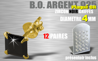 12 paires de boucle d oreille argent plaque Or - zircon carre noir griffe - diametre 4 mm - livre avec presentoir