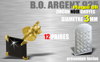 12 paires de boucle d oreille argent plaque Or - zircon carre noir griffe - diametre 3 mm - livre avec presentoir
