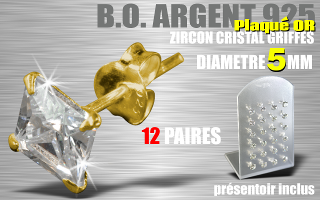 12 paires de boucle d oreille argent plaque Or - zircon carre cristal griffe - diametre 5 mm - livre avec presentoir
