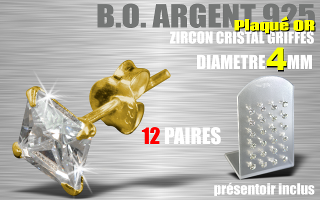 12 paires de boucle d oreille argent plaque Or - zircon carre cristal griffe - diametre 4 mm - livre avec presentoir