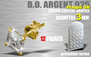12 paires de boucle d oreille argent plaque Or - zircon carre cristal griffe - diametre 3 mm - livre avec presentoir