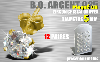 12 paires de boucle d oreille argent plaque Or - zircon rond cristal griffe - diametre 5 mm - livre avec presentoir