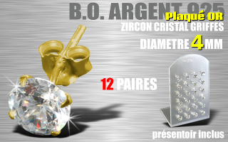 12 paires de boucle d oreille argent plaque Or - zircon rond cristal griffe - diametre 4 mm - livre avec presentoir