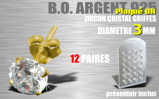 12 paires de boucle d oreille argent plaque Or - zircon rond cristal griffe - diametre 3 mm - livre avec presentoir