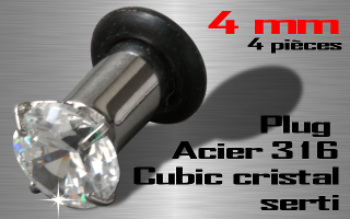 Lot de 4 plugs Acier 316 L + cubic cristal serti - diametre 4 mm