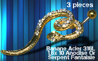 lot de 3 bananes acier anodise or 1.6 x 10- serpent rodium