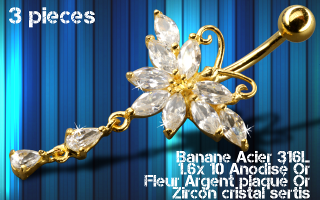 lot de 3 bananes acier anodise or 1.6 x 10- fleur argent dore - zircon sertis