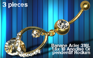 lot de 3 bananes acier anodise or 1.6 x 10 - pendentif rodium