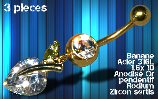lot de 3 bananes acier anodise or 1.6 x 10 - pendentif rodium - zircon sertis