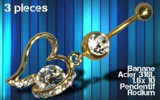 lot de 3 bananes acier anodise or 1.6 x 10 - pendentif rodium
