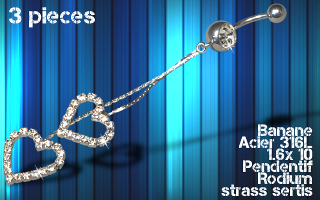 lot de 3 bananes acier 1.6 x 10 - pendentif rodium - strass sertis