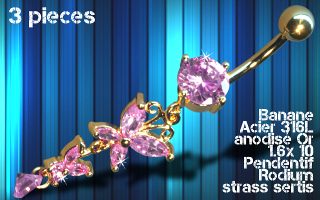 lot de 3 bananes acier anodise or 1.6 x 10- pendentif rodium - zircon sertis