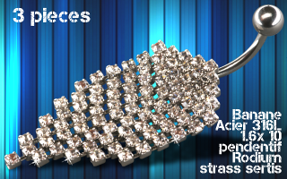 lot de 3 bananes acier 1.6 x 10 - pendentif rodium - strass sertis