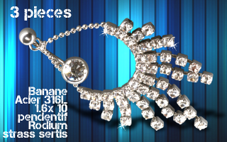 lot de 3 bananes acier 1.6 x 10 - pendentif rodium - strass sertis