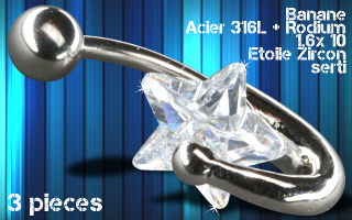 lot de 3 bananes acier 1.6 x 10 - etoile zircon sertie