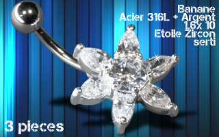 lot de 3 bananes acier 1.6 x 10 - etoile argent zircon sertie