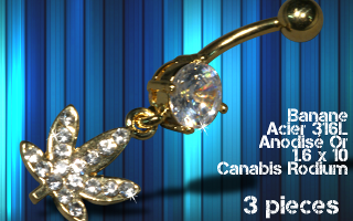 lot de 3 bananes acier 1.6 x 10 anodise or - zircon serti - cannabis en rodium