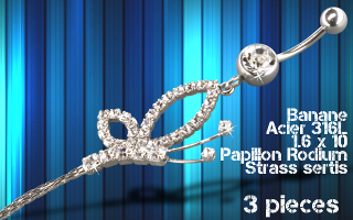 lot de 3 bananes acier 1.6 x 10 - papillon rodium - strass sertis