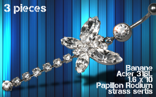 lot de 3 bananes acier 1.6 x 10 - papillon rodium - strass sertis