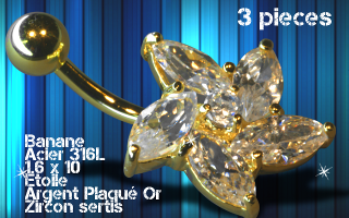 lot de 3 bananes acier 1.6 x 10 anodise or - fleur argent plaque or - zircon serti