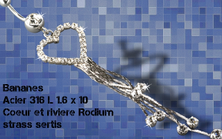 Lot de 3 bananes acier 1.6 x 10 - coeur et pendentif rodium - strass sertis