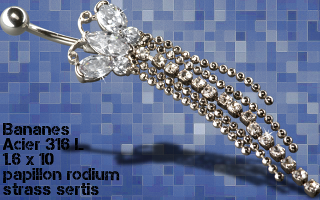 Lot de 3 bananes acier 1.6 x 10 - papillon et pendentif rodium - strass sertis