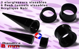 Lot de 3 elargisseurs + 6 flesh tunnel. acrylique Noir . Le cone d'insertion se visse directement sur le flesh tunnel - ideal pour elargir. diametre 8 mm