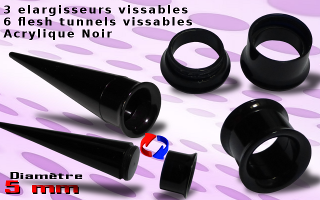 Lot de 3 elargisseurs + 6 flesh tunnel. acrylique Noir . Le cone d'insertion se visse directement sur le flesh tunnel - ideal pour elargir. diametre 5 mm