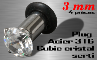 Lot de 4 plugs Acier 316 L + cubic cristal serti - diametre 3 mm