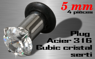 Lot de 4 plugs Acier 316 L + cubic cristal serti - diametre 5 mm