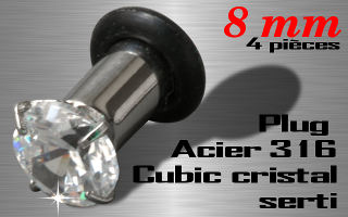 Lot de 4 plugs Acier 316 L + cubic cristal serti - diametre 8 mm