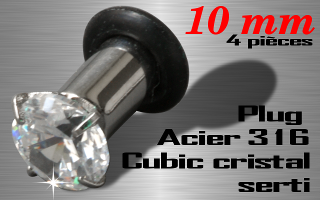Lot de 4 plugs Acier 316 L + cubic cristal serti - diametre 10 mm