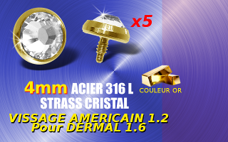 5 accessoire acier 316 anodise Or - strass cristal - 4 mm de diametre - vissage 1.2 mm compatbile pour dermal et labret 1.6 mm