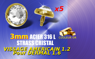 5 accessoire acier 316 anodise Or - strass cristal - 3 mm de diametre - vissage 1.2 mm compatbile pour dermal et labret 1.6 mm