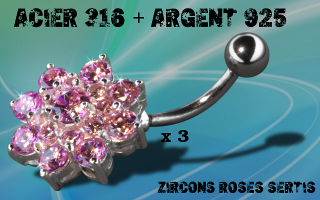 Lot de 3 bananes acier 1.6 x 10 mm + argent 925 - zircons rose sertis