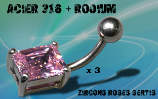 Lot de 3 bananes acier 1.6 x 10 mm + rodium - zircons rose sertis