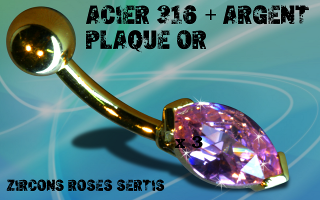 Lot de 3 bananes acier 1.6 x 10 mm + argent plaque Or - zircons rose sertis