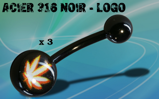 Lot de 3 bananes acier 1.6 x 10 mm Noir - boules 5 et 8 mm - logo cannabis