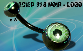Lot de 3 bananes acier 1.6 x 10 mm Noir - boules 6 et 10 mm - logo oeil vert