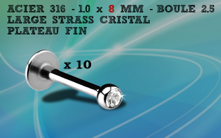 Lot de 10 labret 1.0 x 8 mm - boule 2.5 mm - large cristal - acier 316 - plateau fin
