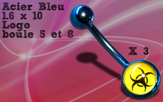 Lot de 3 banane 1.6 x 10 acier Bleu - boule 5 et 8 mm - logo biohazard
