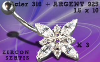 Lot de 3 banane 1.6 x 10 acier - etoile argent - zircon cristal serti