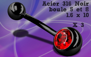 Lot de 3 banane 1.6 x 10 acier Noir - boule 5 et 8 mm zircon rouge